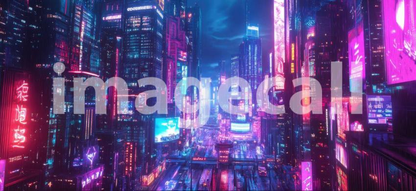 Cyberpunk Cityscape with Neon Lights and Futuristic Buildings - High-Tech Urban Nightscape Background Design