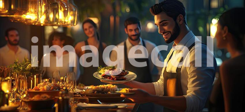 Waiter Holding tray of food items in wedding function