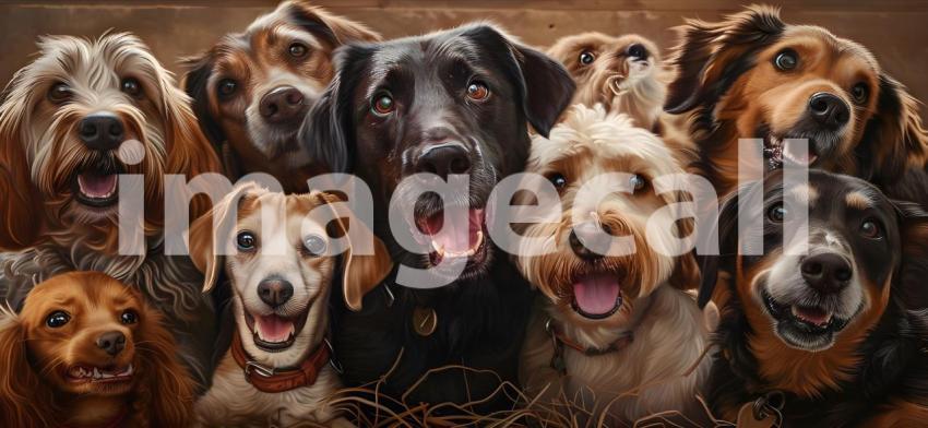 Dogs of different breeds happily gathered together and looking a