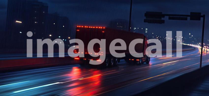 Freight truck driving on a highway at night background, headlights cutting through the darkness as the road stretches ahead under a starry sky, conveying a sense of movement and solitude.