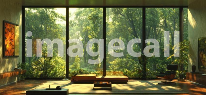 Nature's Embrace: A living room bathed in natural light, with floor-to-ceiling windows framing a breathtaking view of a lush green forest