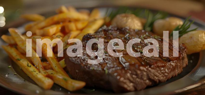 A Sizzling Steak Dinner Fit for a King, A Juicy Steak with Crispy Fries and Fresh Herbs