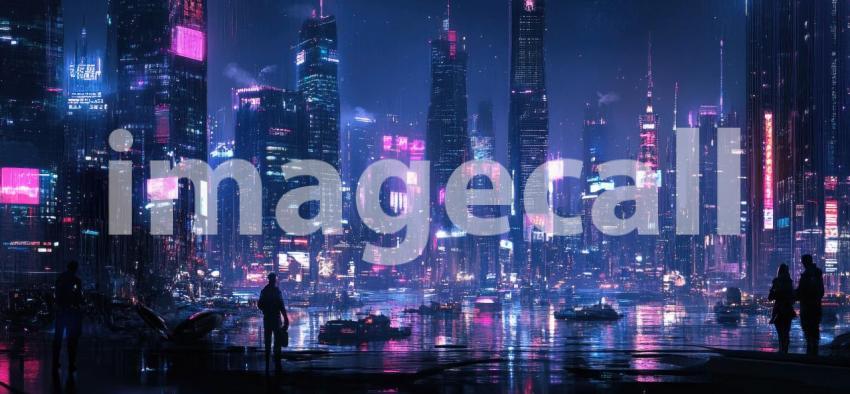 Cyberpunk City at Night with Neon Lights - Futuristic Urban Glow Background Design