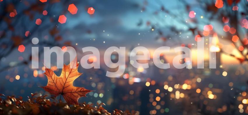 Autumn leaves on the background of the city at sunset, Autumn background - Ai generated