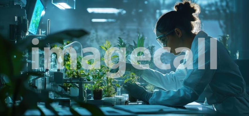 Scientist Examining Plants in Laboratory Background, Researcher Studying Greenery in a Modern, High-Tech Lab Setting