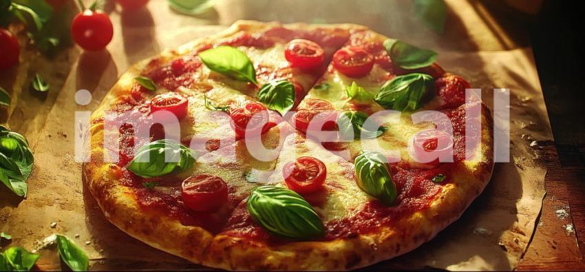 A Margherita pizza, fresh from the oven, sizzles under the warm glow of lights, inviting you to savor the classic flavors of Italy