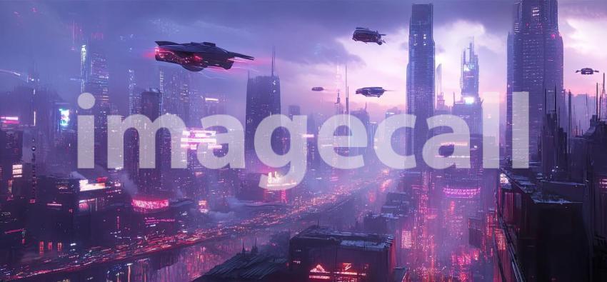 Cyber City Skyline with Flying Cars - Futuristic Sci-Fi Urban Landscape Background Design