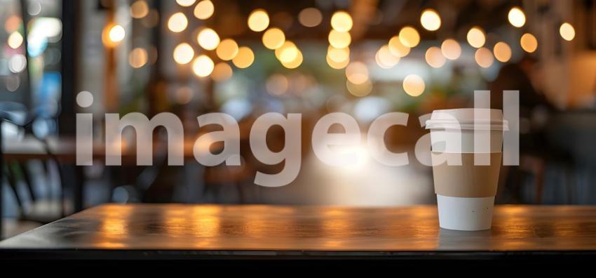 Coffee cup on wooden table in coffee shop with bokeh background - Ai Generated