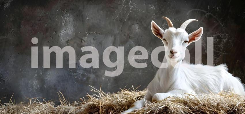 Eid ul Adha Goat resting on hay with copy space for text backgro