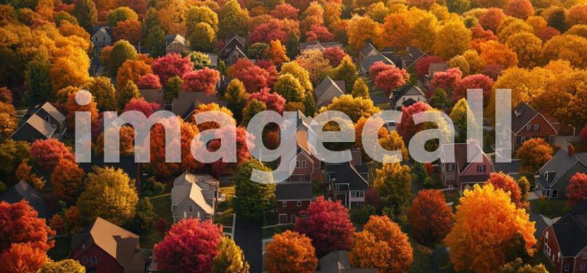 Autumnal Haven: A Serene Neighborhood Bathed in Warm Sunset Hues, with Homes Nestled Amongst Vibrant Fall Foliage and a Tranquil Lake