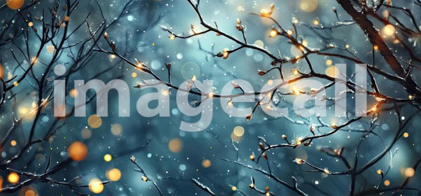 A Wintery Glow: Twinkling Lights Illuminate Bare Branches Against a Twilight Sky, Casting a Magical Spell and Evoking the Spirit of the Festive Season