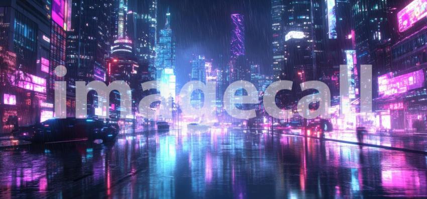 Cyberpunk Cityscape with Neon Reflections - Futuristic Urban Night Background Design