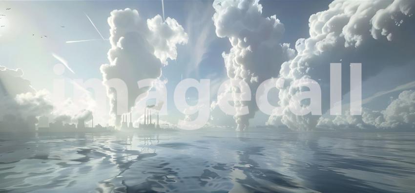 Cooling towers of nuclear power plant at sunset. Energy industry, smoking chimneys - Ai Generated