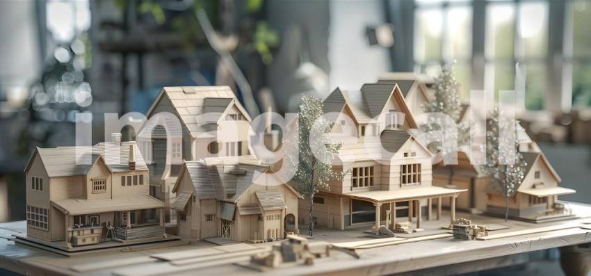 Miniature Houses on Table Background, Tabletop Model with Houses