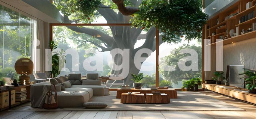 Serene Living Room with Expansive Tree View