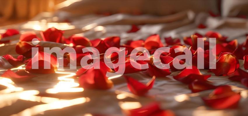Red rose petals on bed in bedroom, Valentine's day concept - Ai Generated