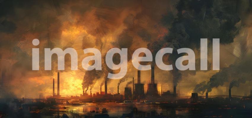 Cooling towers of nuclear power plant at sunset. Energy industry, smoking chimneys - Ai Generated