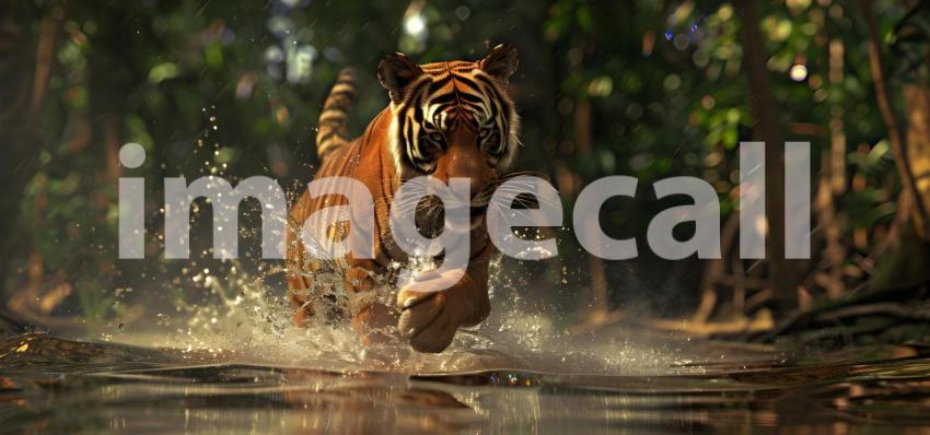 Tiger runs in water in forest background - Ai Generated
