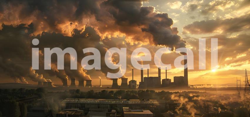 Cooling towers of nuclear power plant at sunset. Energy industry, smoking chimneys - Ai Generated