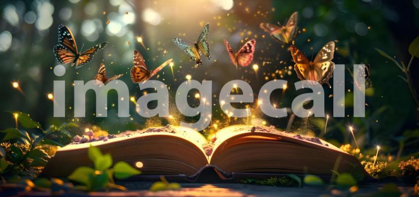 Open magic book with growing lights, magic powder and butterflie