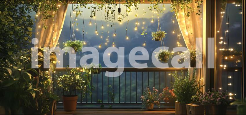 Enchanted Balcony Magical Night Scene with Fairy Lights and Plan