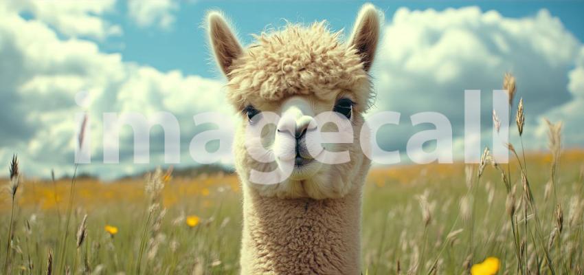 Portrait of a Curious Alpaca in a Field. Close-up of a fluffy alpaca with a friendly expression. Perfect for nature, animal, and farm-related themes.