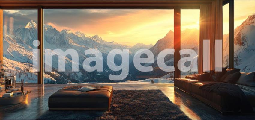 Mountain View Living: Floor-to-Ceiling Windows Frame Snowy Peaks, Modern Furniture and Rug, a Cozy Interior with Breathtaking Scenery.