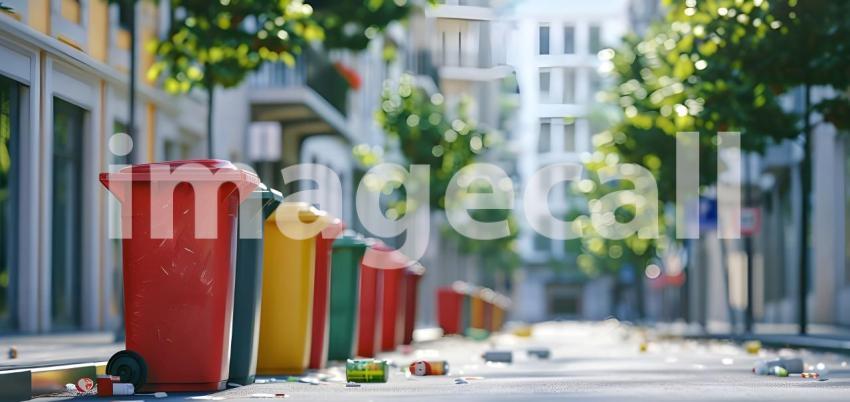 Trash cans polluting a street in the city background - Ai Generated
