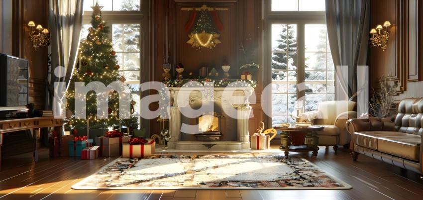 Living room home interior with decorated fireplace and Christmas