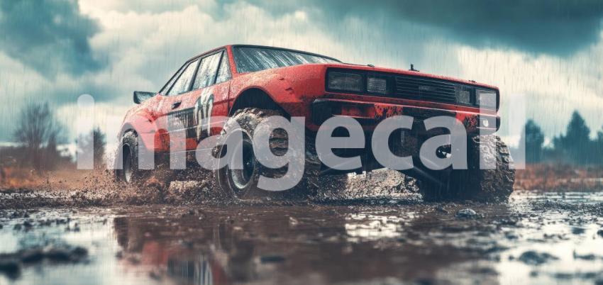 Muddy Mayhem: A rugged off-road vehicle powers through a muddy terrain, churning up a cloud of spray and showcasing its power and resilience