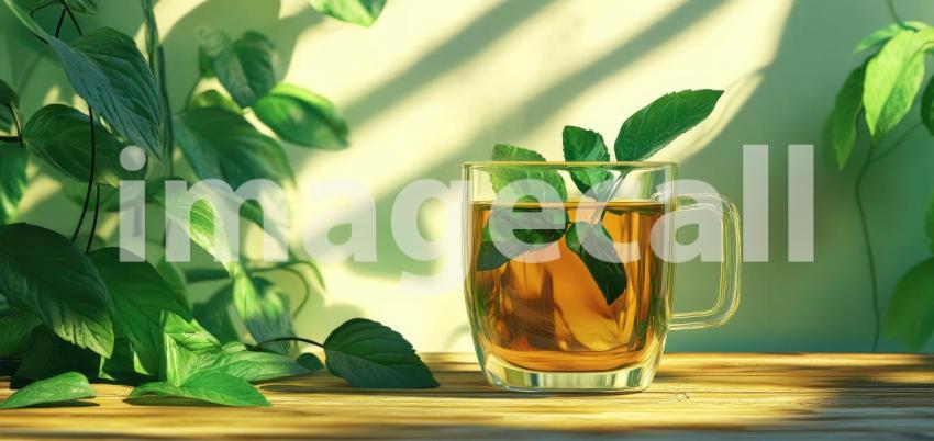 Nature's Refreshment: A glass of cool, minty tea, garnished with fresh leaves, beckons amidst a lush green landscape, promising a moment of tranquility and refreshment.