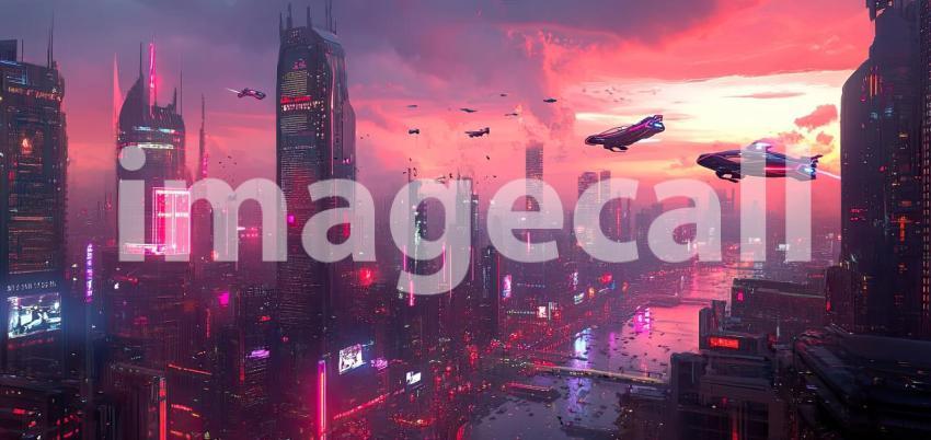 Cyber City Skyline with Flying Cars - Futuristic Sci-Fi Urban Landscape Background Design