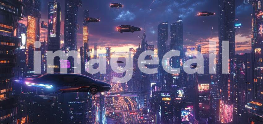 Cyber City Skyline with Flying Cars - Futuristic Sci-Fi Urban Landscape Background Design
