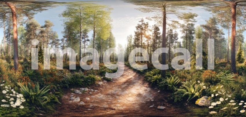 A 360-degree view of a sun-dappled forest path, inviting you to step into the tranquil scene and explore the lush surroundings