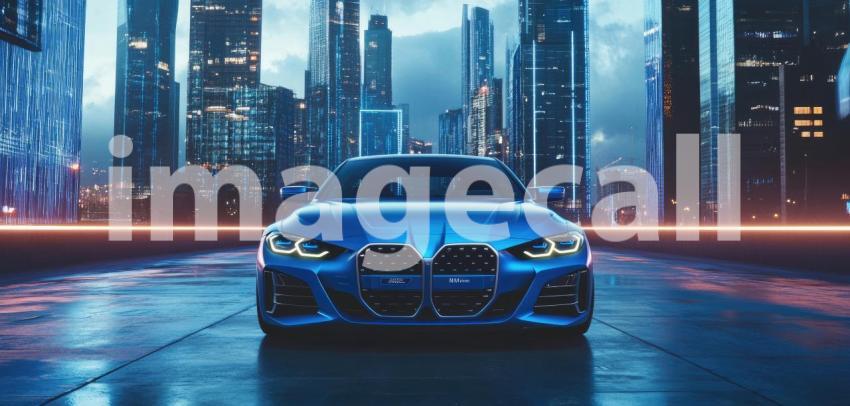 Urban Prowess: A Sleek, Blue Coupe Dominates the Cityscape at Twilight, Its Powerful Presence a Symbol of Speed, Luxury, and Modern Design