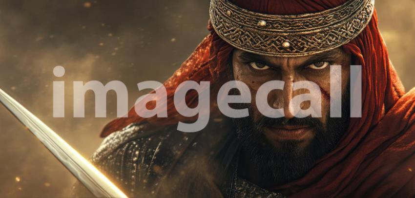 Warrior in Ornate Attire with Sword: A Historical or Fantasy Figure