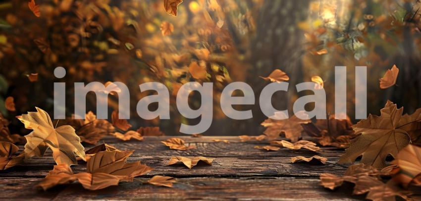 Autumnal Descent: A Rustic Tabletop Scene with Falling Leaves