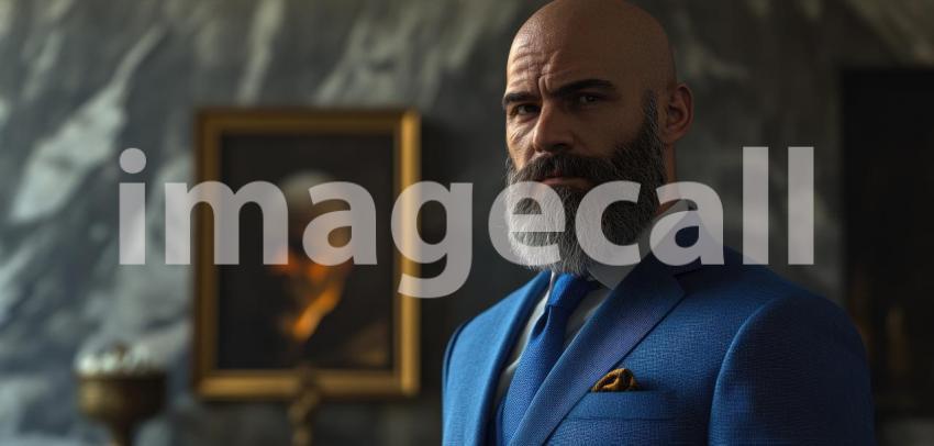 Sophisticated Gentleman in Blue Suit with Framed Portrait in Elegant Setting