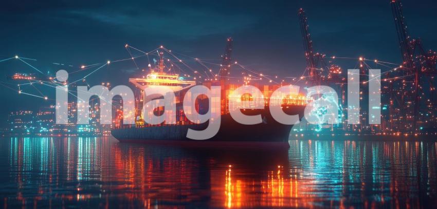 A digital tapestry of global trade, with a cargo ship as the centerpiece