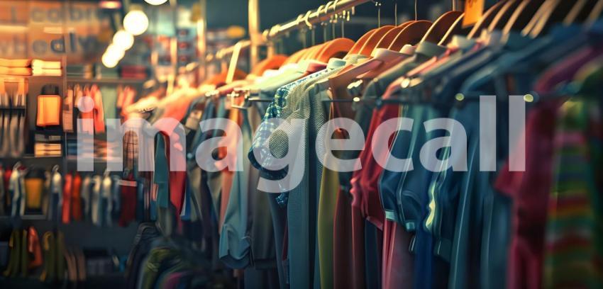Clothes hanging on a rack in clothing store background - Ai Generated