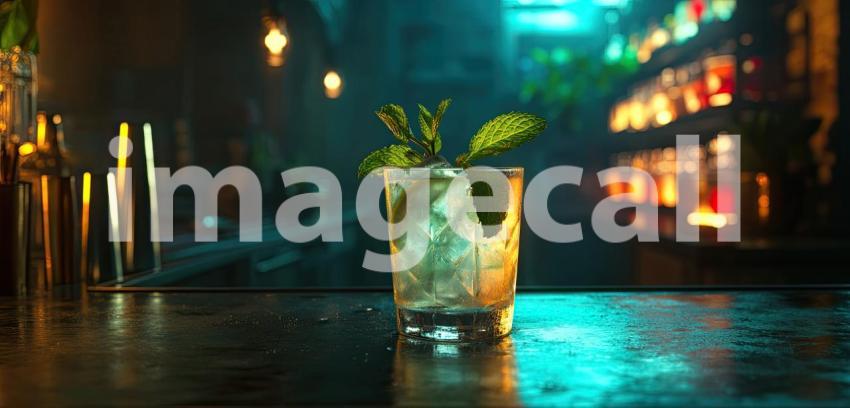 Neon Nights: A refreshing cocktail, garnished with mint, sits illuminated on a bar counter, promising a cool and invigorating escape from the summer heat