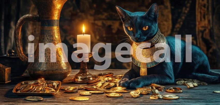 Guardian of the Treasures: A Regal Cat in an Ancient Setting