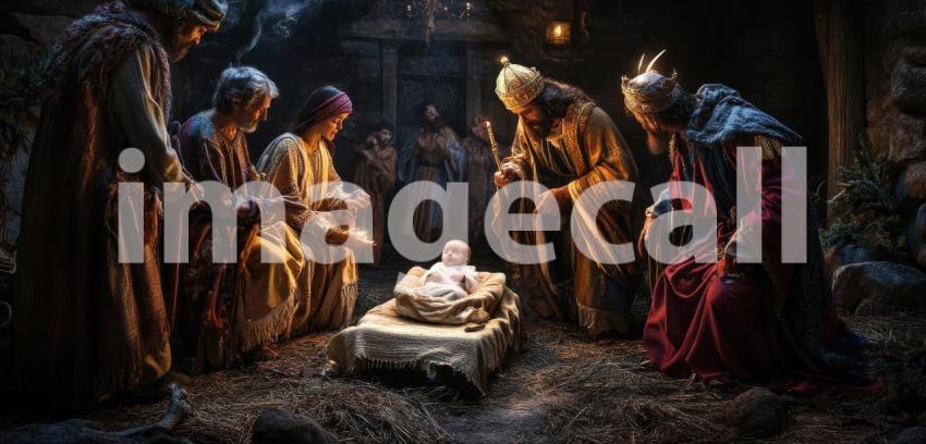 Nativity Scene at Dusk with the Adoration of the Magi: Baby in Manger Surrounded by Reverent Figures in a Mountainous Landscape