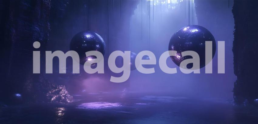 Mysterious Purple Cave with Floating Orbs Fantasy Art Background