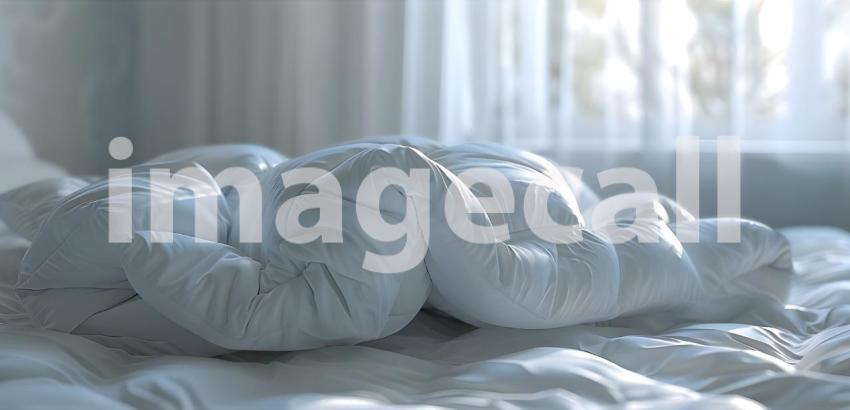 Folded Duvet Lying on White Bed background - Ai Generated