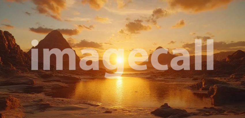 Golden Sunset Over Water Between Rocky Mountains, Dramatic Landscape with Clouds and Reflections