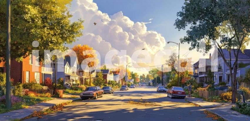 A quiet suburban street bathed in the warm glow of a setting sun, with houses lining the road and a sense of peaceful tranquility.
