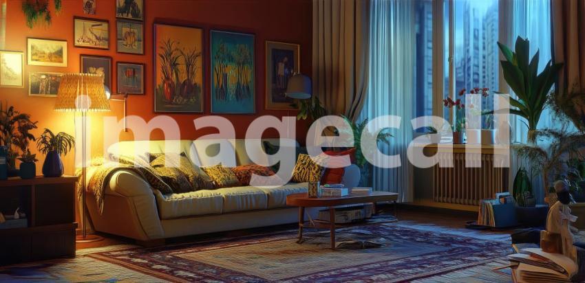 Hotel Lobby Comfort: Beige Sofas and Wooden Table, Warm Lighting and Flowers Create a Welcoming, Relaxing Atmosphere.