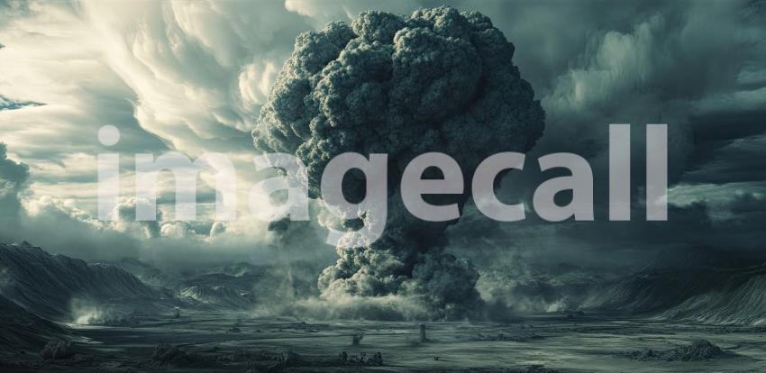 A colossal nuclear explosion erupts, casting a fiery shadow over the landscape, a stark reminder of the devastating power of such weapons