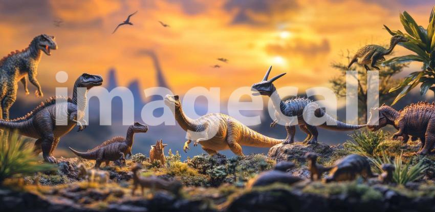Prehistoric Playtime: A Diverse Collection of Colorful Dinosaur Toys Roaming a Miniature Jurassic Landscape